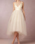 Short Ivory Tulle Wedding Dresses V-Neck A-line Tulle Ruffles Bridal Gowns Tea Length